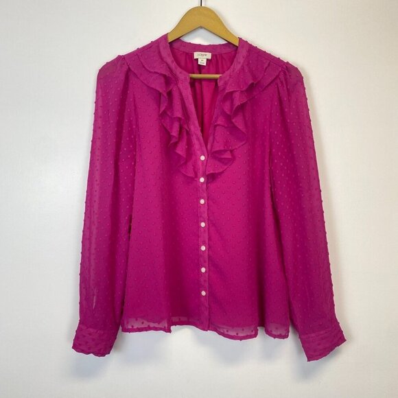 J. Crew Pink Textured Chiffon Ruffle Button Up Blouse - Picture 2 of 15
